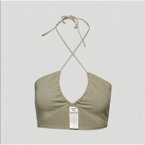 Aritzia Sunday Best Cora Halter Top Medium Beige Bandeau Ruched Crop Y2K Cutout